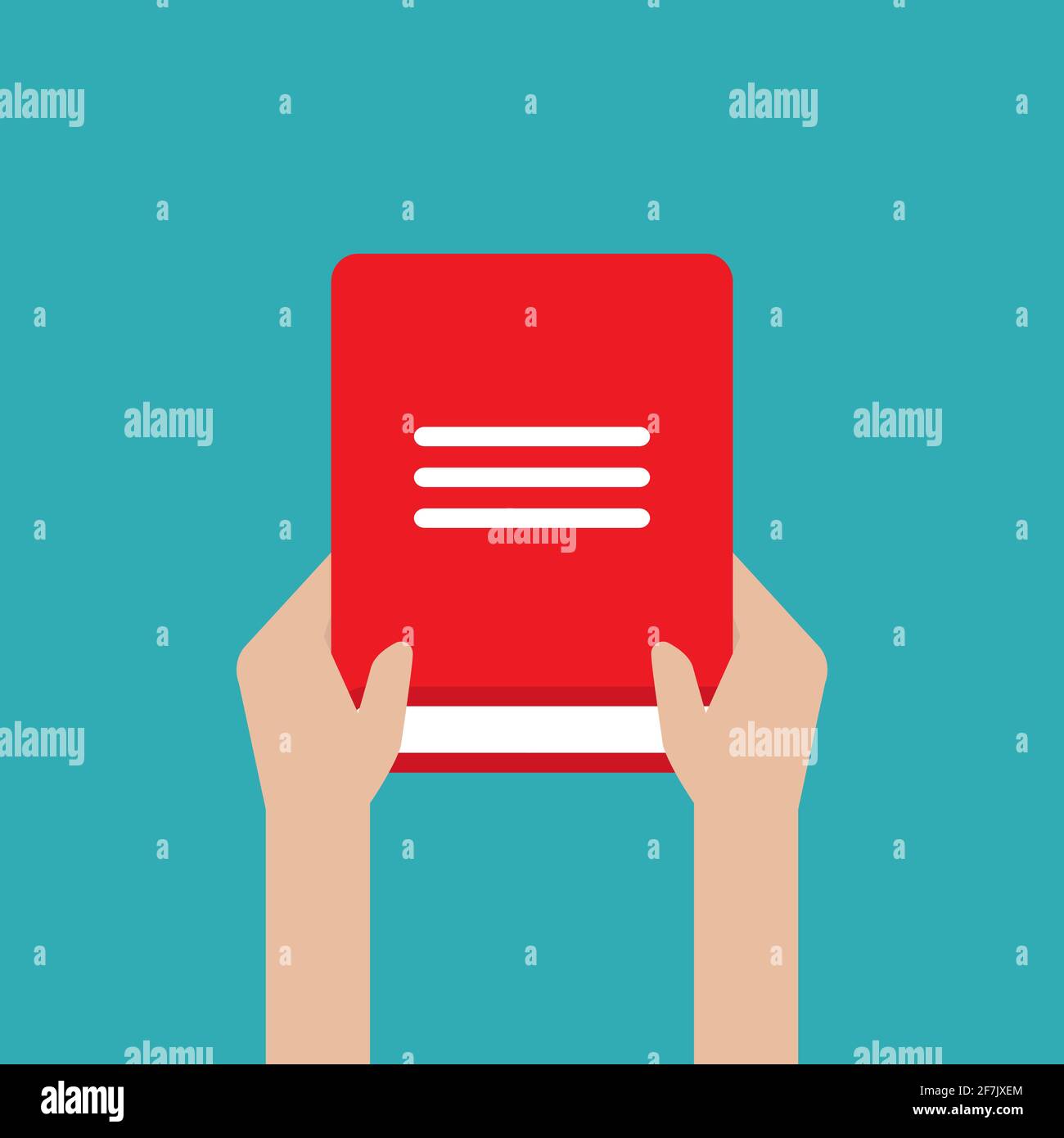 Hände halten rot offenes Buch isoliert auf blau. Symbol für flache Anzeige. Vektorgrafik. Bildung, Studium, Weiterbildung. Wissen, Experte, Fähigkeiten Stock Vektor