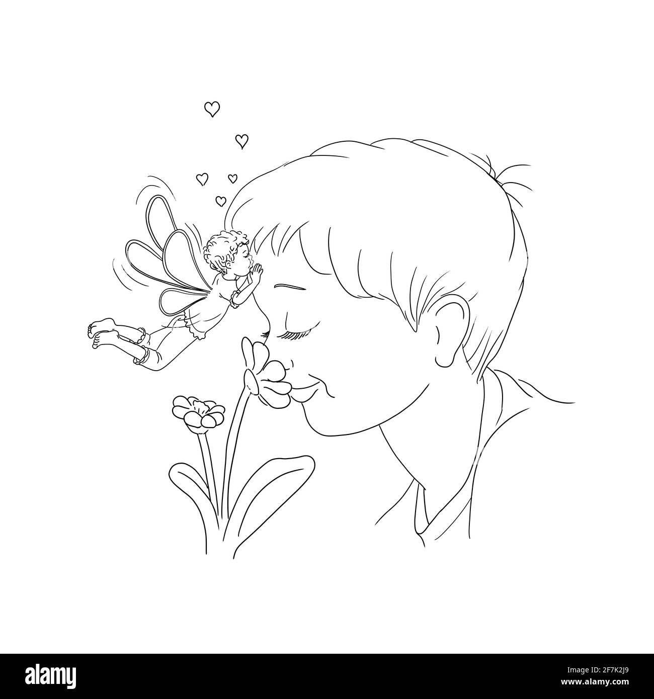 Junge Kind riecht an Blumenaugen geschlossen lächelnd lächelnd lachend Joy Enjoy elf fliegt schwebt und küsst ihn auf dem Stirn kleine Herzen fliegen Liebe affecti Stockfoto