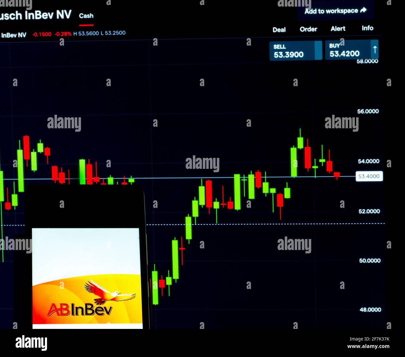In dieser Abbildung ist ein Anheuser-Busch InBev SA/NV Logo auf einem Smartphone mit den Börseninformationen von Anheuser-Busch InBev SA/NV im Hintergrund zu sehen. Stockfoto