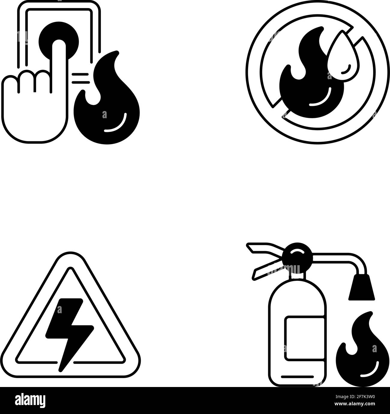 Anweisungen zu Brandgefahren, schwarze lineare Symbole gesetzt Stock Vektor