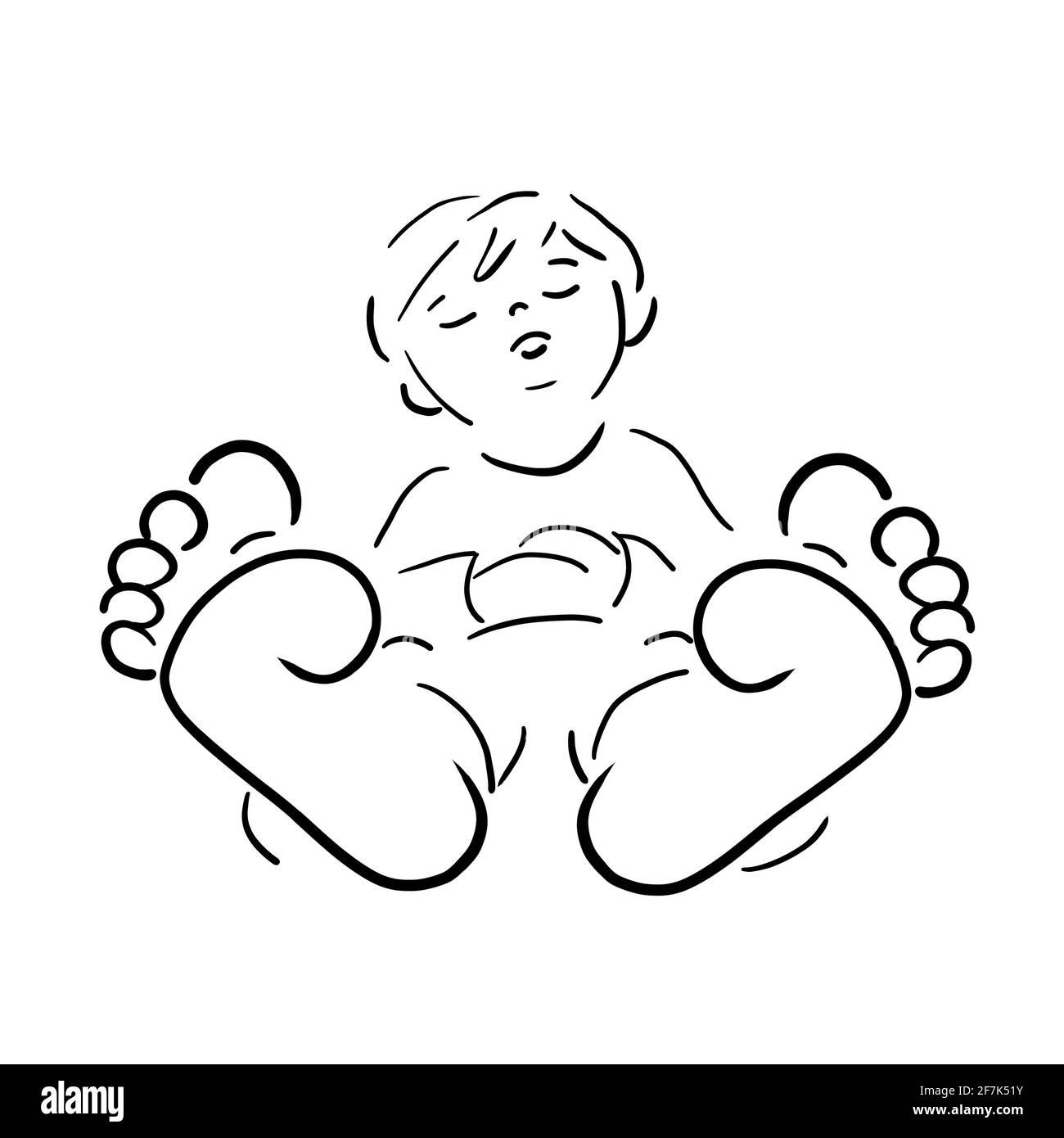 Schmerz Junge liegt barfuß Beine weit von sich selbst hält gestreckt Sein Magen hat Schmerzen, Schlaflehnen, schwarz-weißes Logo Designvorlage Stockfoto