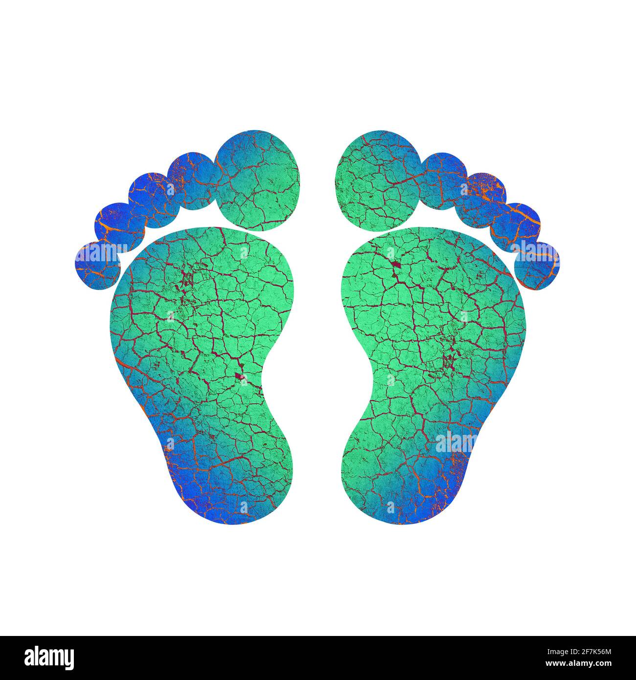 Fußfüße Fußabdruck Fußabdruck Barfußsohle Fußsymbol Schwarz weiß mit Linie Risse braune Haut rau rissig kalt Kühlende Kühlungskonstruktion Stockfoto