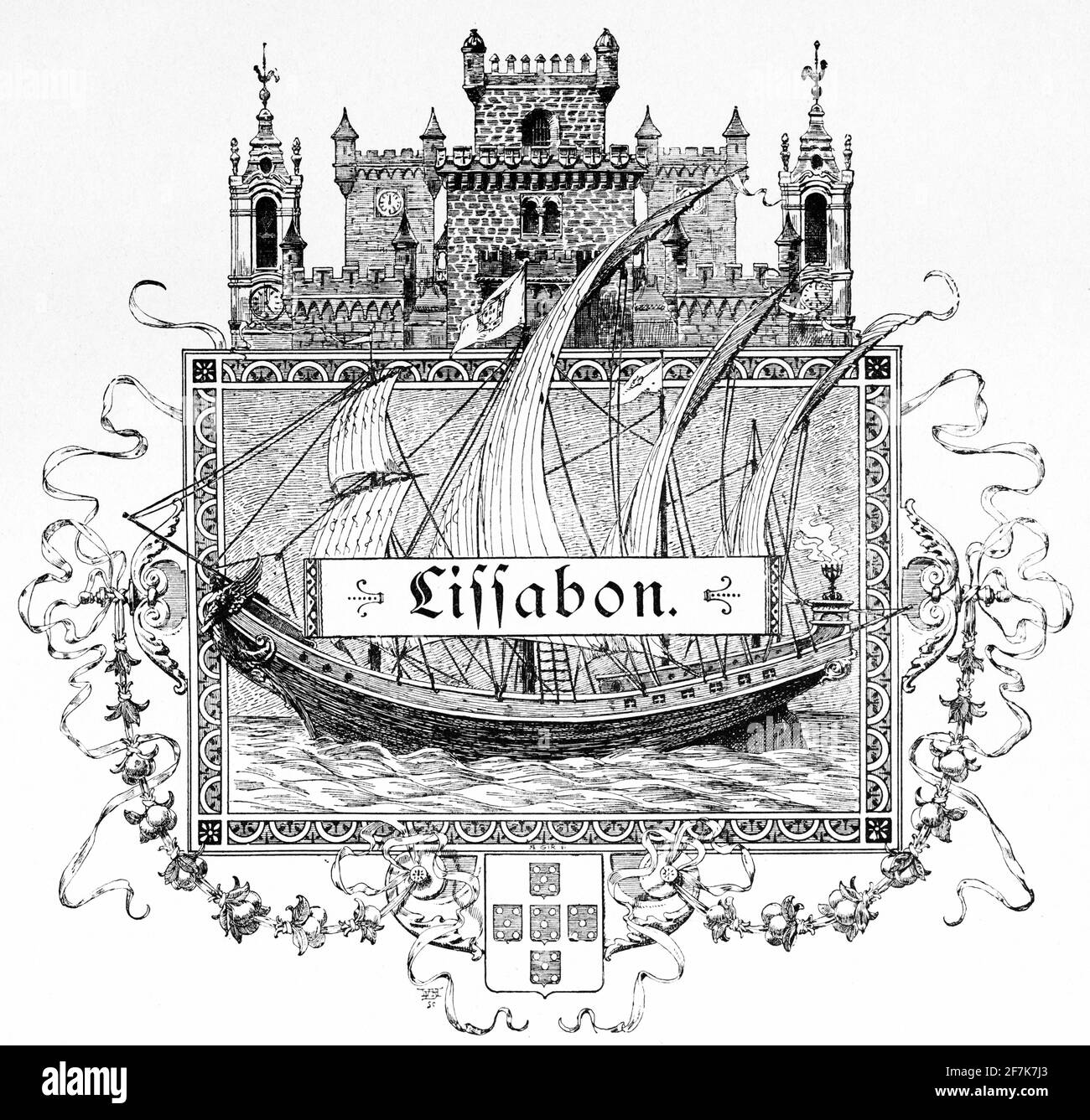 Einschiffung eines Segelschiffs und Stadtbefestigung von Lissabon, Portugal, Europa Stockfoto