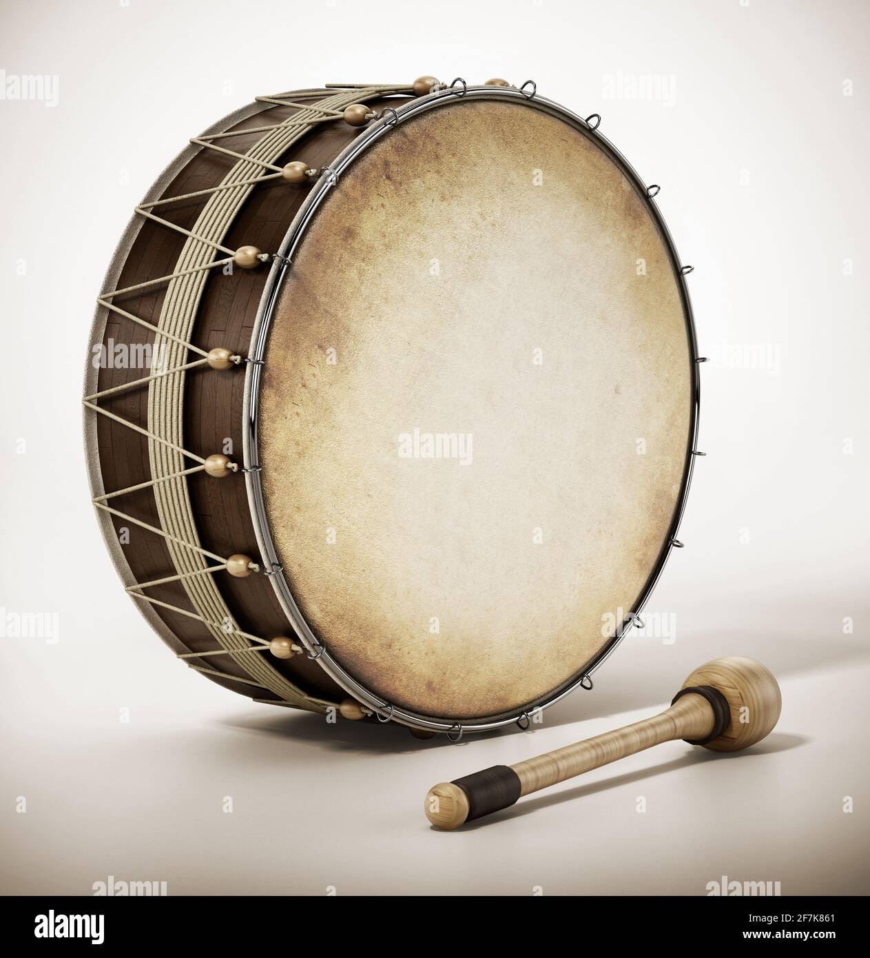 Generische traditionelle Ramadan Trommel und Stick isoliert auf weißem Hintergrund. 3D-Illustration. Stockfoto