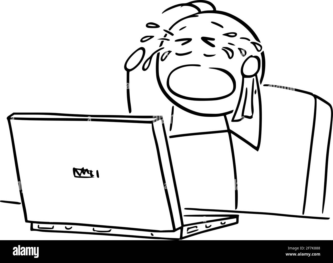 Ein Mann oder Geschäftsmann weint, wenn er am Computer im Büro arbeitet, Vektorgrafik Cartoon Stick Figur Stock Vektor