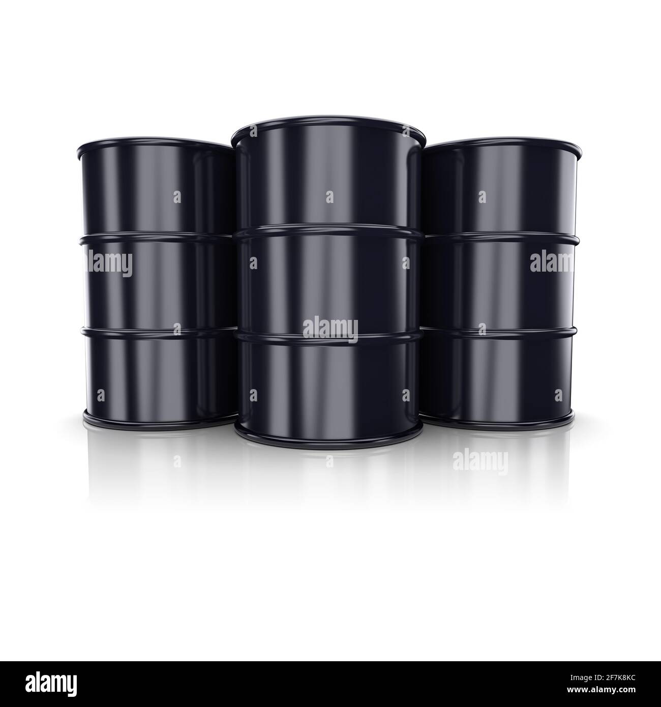 Schwarze Fässer auf weißem Hintergrund. 3d-Bild Stockfoto