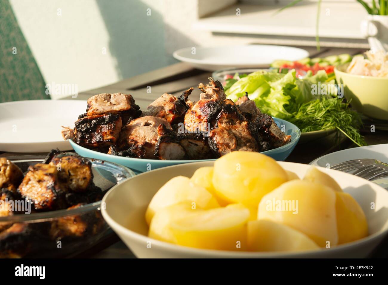 Picknick im Freien mit Grilltreffen und frischem Gemüse im Sommer Zeit Stockfoto