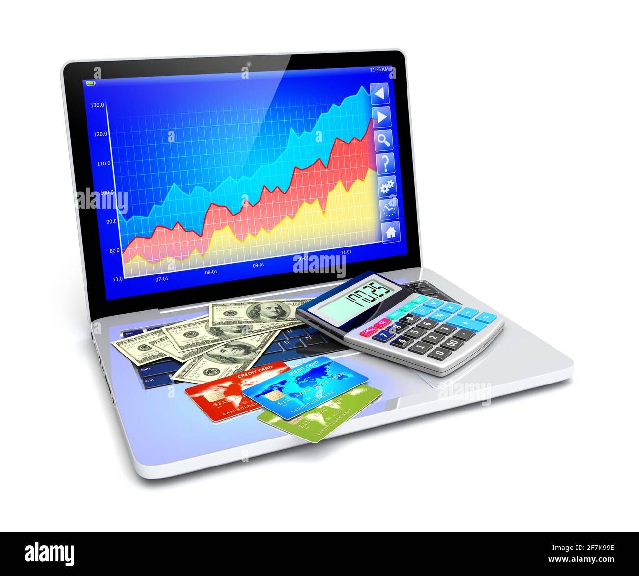 Business Improvement, Finanzanalyse und E-Commerce-Konzept. Laptop mit Kreditkarten, Dollargeld und elektronischem Taschenrechner auf der Tastatur. 3d-Bild Stockfoto