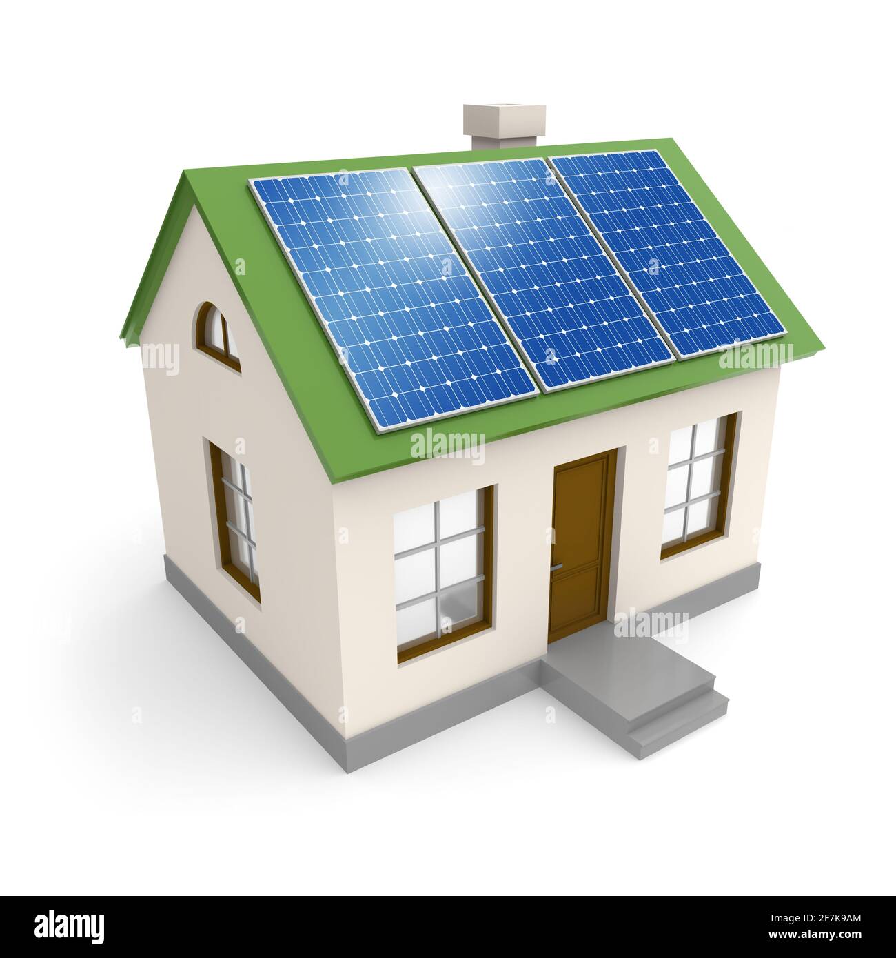 Haus mit Strom Sonnenkollektoren auf einem Dach. Ökologische Umwelt und Konzept der alternativen Energiewirtschaft Stockfoto