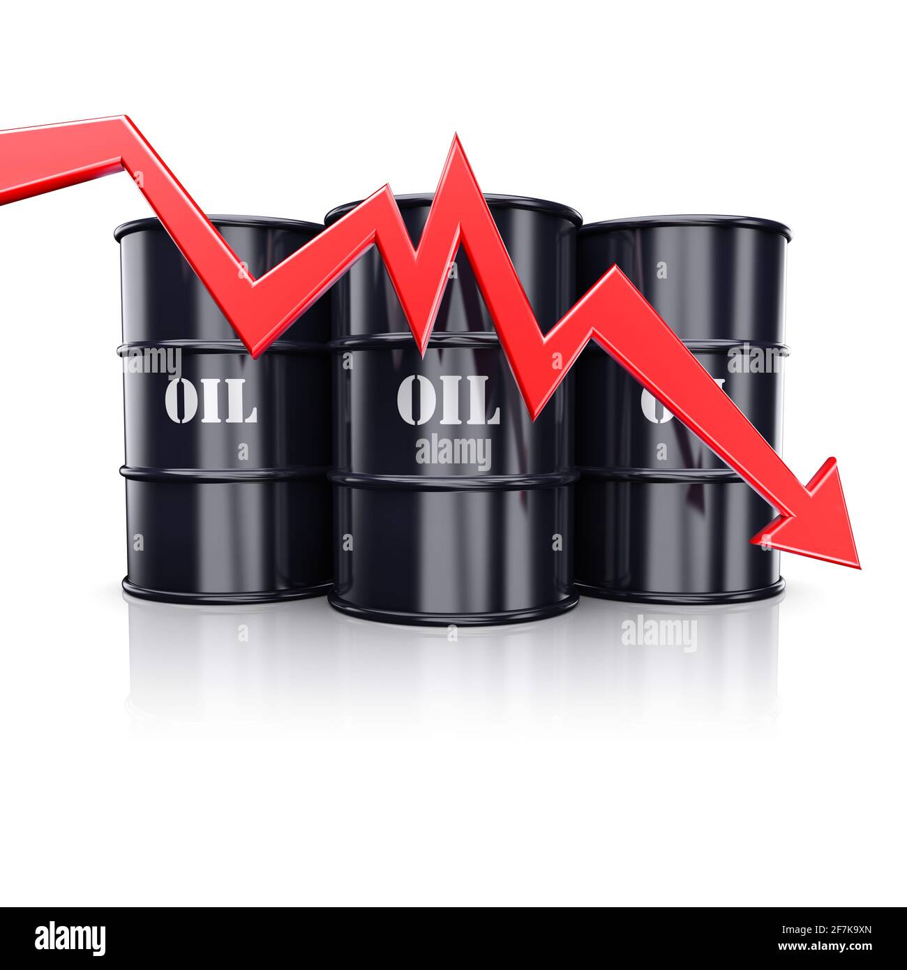 Sinkender Ölpreis. Diagramm mit rotem Pfeil, das sich in der Nähe der Fässer mit Öl nach unten bewegt. 3d-Illustration Stockfoto
