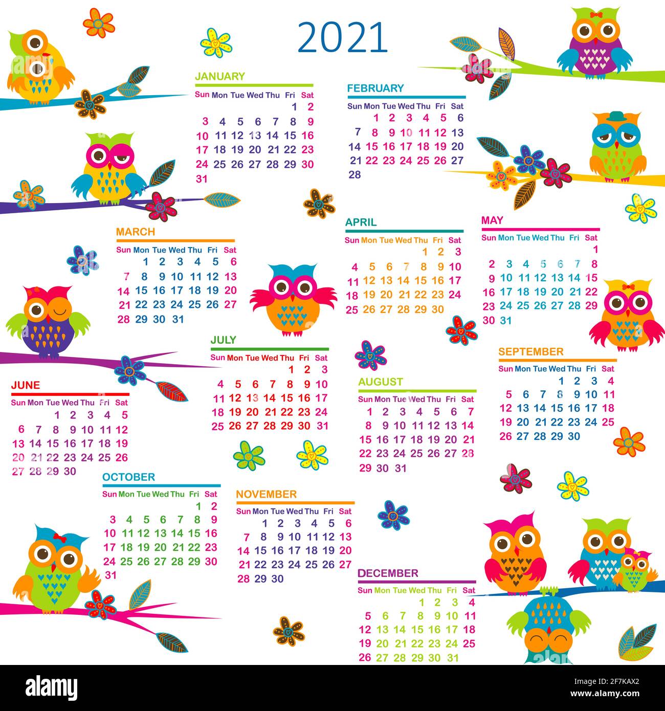 2021 Kalender mit Eulen Stock Vektor