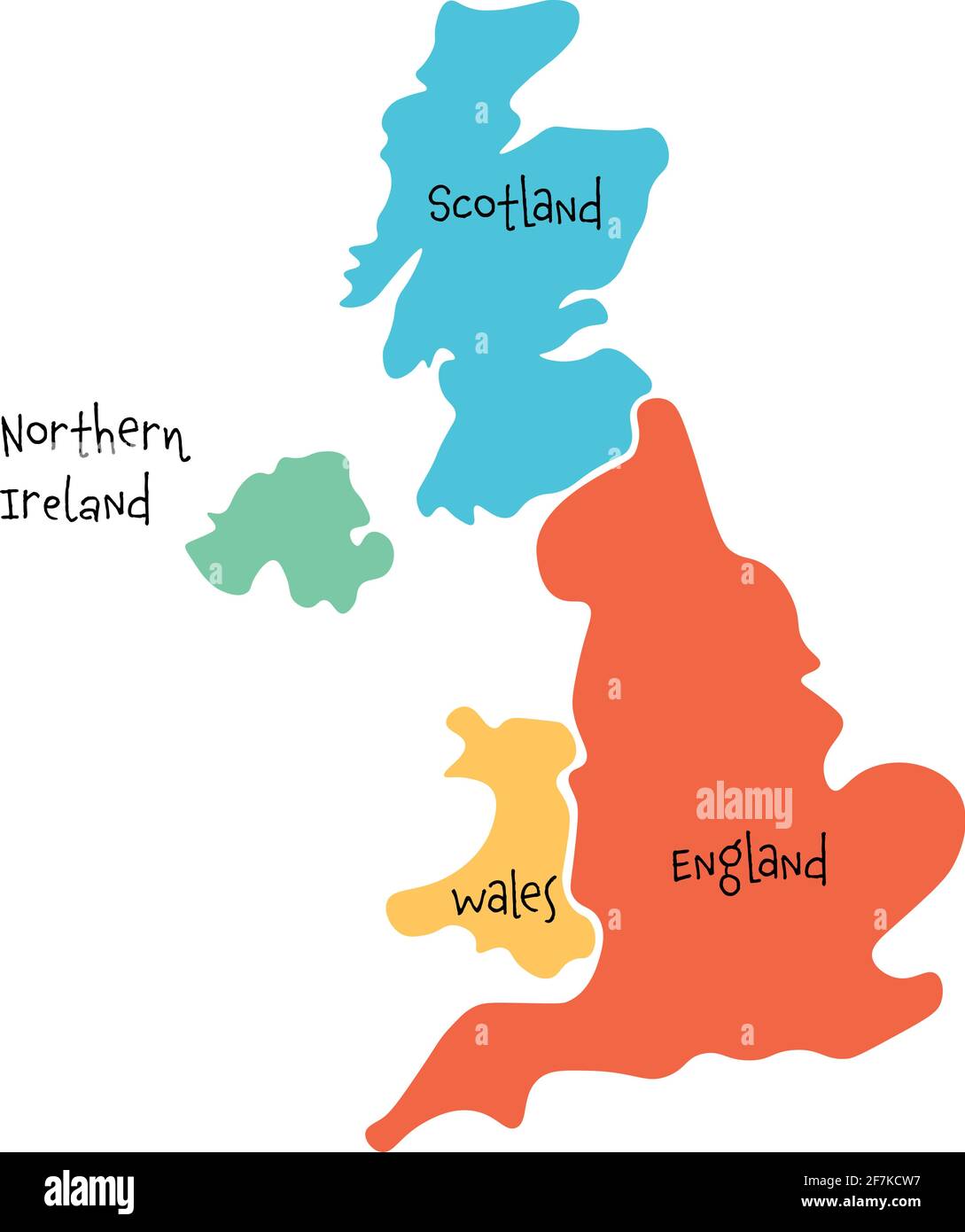Großbritannien, auch bekannt als Großbritannien, Großbritannien und Nordirland, handgezeichnete leere Karte. Aufgeteilt in vier Länder - England, Wales, Schottland und NI Stock Vektor