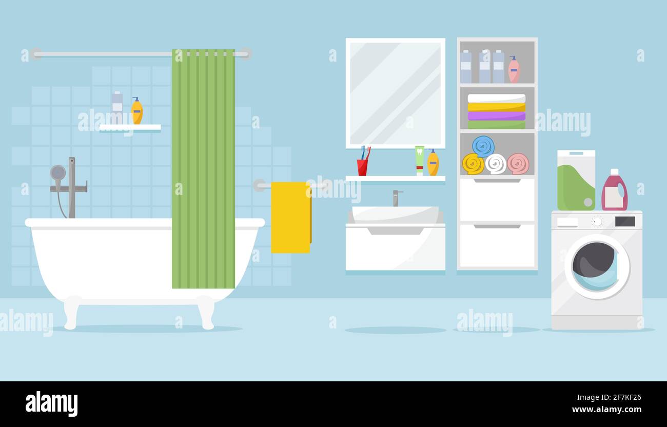 Badezimmer mit Badewanne, Schließfächern, Waschmaschine und verschiedenen Accessoires. Innenausstattung des Badezimmers. Vektorgrafik im flachen Stil Stock Vektor