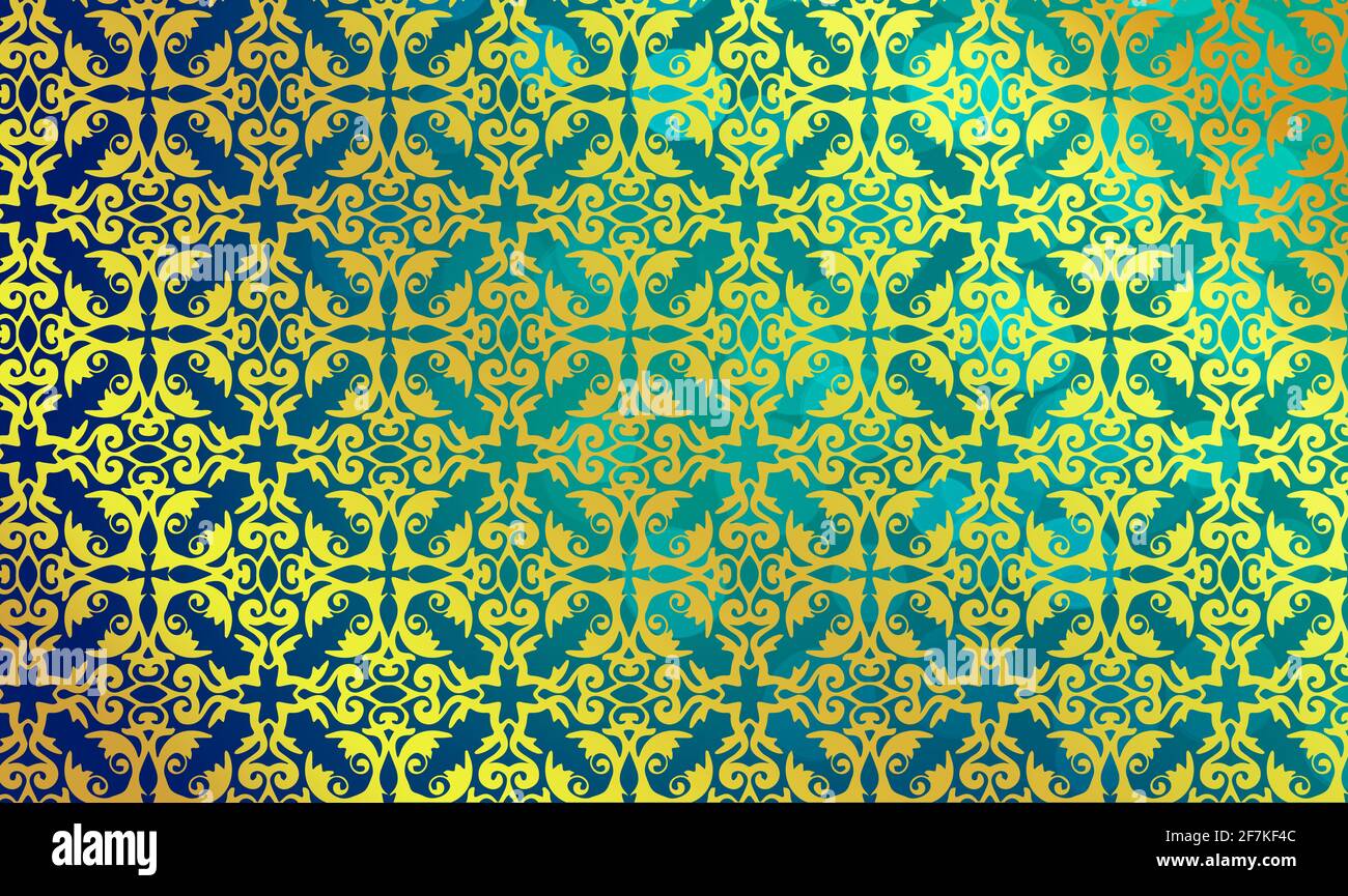 Hintergrund Vorlage Muster Struktur floralen Ornament in Gold glänzend auf Türkis schillernd Mitte hell Schönheit Tapete Barock Rokoko Jugendstil Stockfoto