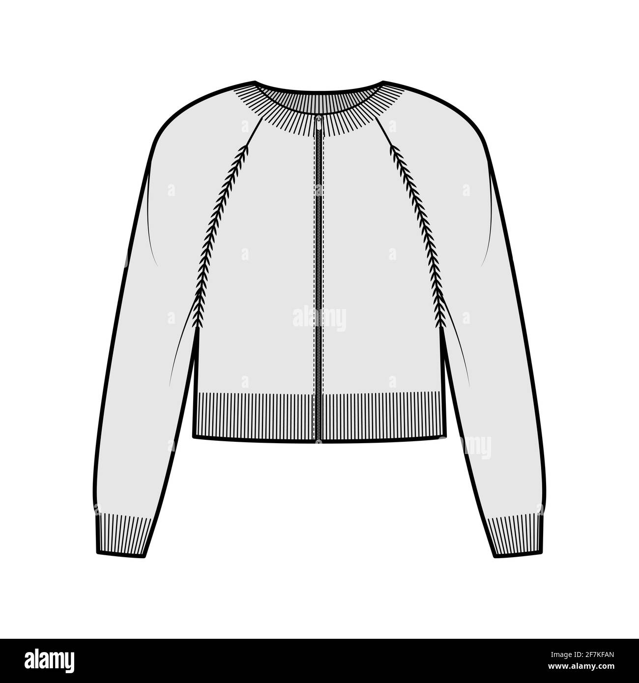 3/4-Strickjacke mit Reißverschluss Pullover technische Mode-Illustration mit geripptem Rundhalsausschnitt, langen Raglanärmeln und Strickbesatz. Flatpullover-Bekleidung vorne, in grauer Optik. Frauen Männer Unisex CAD Mockup Stock Vektor