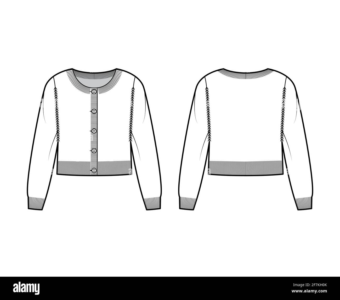 3/4-Strickjacke mit Rundhalsausschnitt und technischer Fashion-Illustration mit langen Ärmeln, übergroßem Body und geripptem Strickbündchen. Flatpullover-Bekleidung vorne, hinten, in weißer Farbgebung. Frauen, Männer Unisex-CAD-Modell Stock Vektor