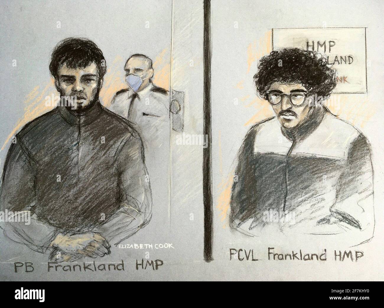 Court Artist Sketch von Elizabeth Cook über den Parsons Green Tube Bomber Ahmed Hassan und den Manchester Arena Plotter Hashem Abedi (rechts), wie aus dem gleichen Video-Link von HMP Frankland zum Westminster Magistrates' Court gesehen, Wo sie des Angriffs beschuldigt werden, der am 11. Mai letzten Jahres bei HMP Belmarsh eine tatsächliche Körperverletzung gegen Paul Edwards verursacht hat. Bilddatum: Donnerstag, 8. April 2021. Am Mittwoch weigerten sich Abedi und Hassan, ihre Gefängniszellen zu verlassen, um bei der Anhörung wegen des Angriffs auf einen Gefängnisbeamten zu erscheinen. Siehe PA Geschichte COURTS Belmarsh. Bildnachweis sollte lauten: Elizabeth Cook/PA Wire Stockfoto