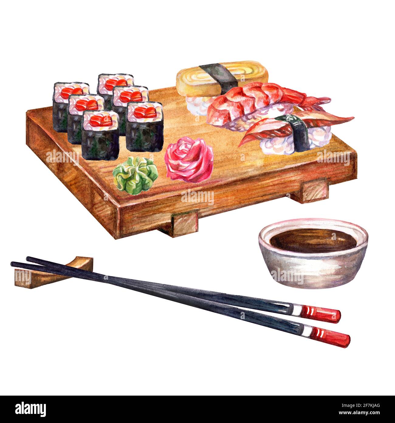 Japanische Küchenrollen und Sushi an Bord mit Essstäbchen, Aquarell isoliert auf weißem Hintergrund. Für Design Sushi Restaurant Menü, Auto Stockfoto