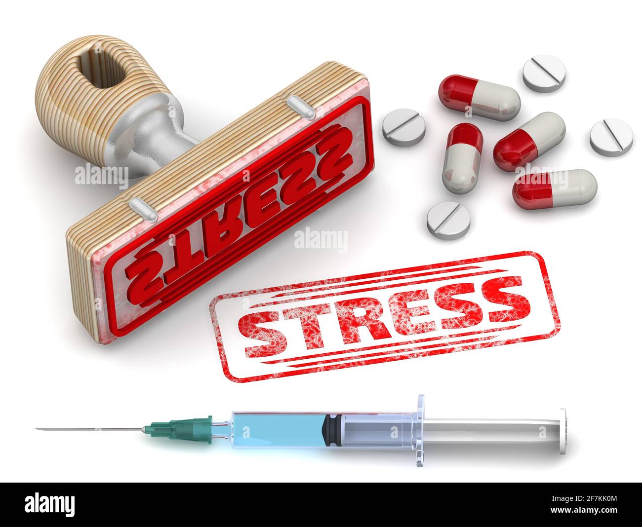 Stress. Der Stempel und ein Aufdruck mit Medikamenten. Gummistempel und roter Aufdruck STRESS mit Medikamenten auf weißer Oberfläche. 3D-Illustration Stockfoto