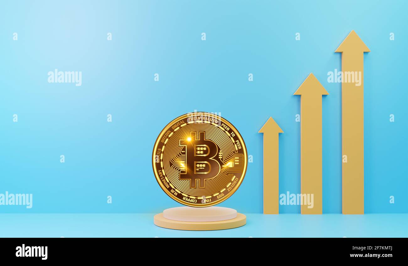 Bitcoin Kryptowährung Preissteigerung, Wachstum. Schwankungen und Prognosen der Kryptowährungsrate. Bitcoin und das Kursdiagramm zeigen nach oben Stockfoto