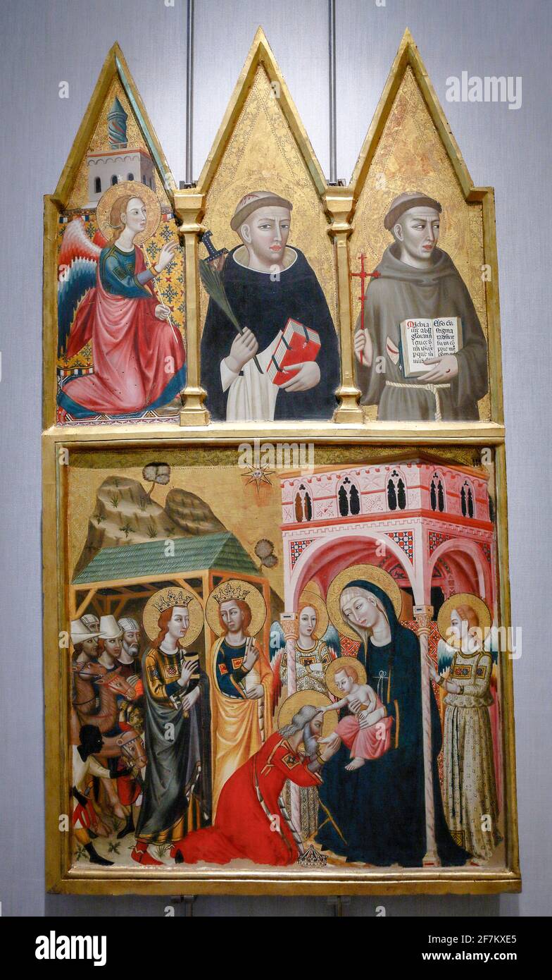 Italien Umbrien Perugia: Nationalgalerie Umbriens - Maestro di Paciano: Anbetung der Heiligen der Könige - Erzengel Gabriel, Märtyrer Petrus und Franziskus Stockfoto
