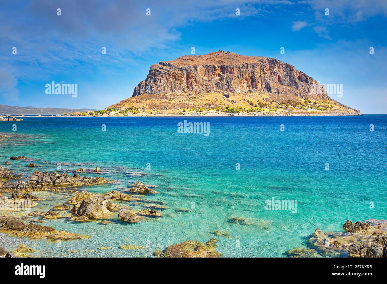 Blick auf Monemvasia, Peleponnes, Griechenland Stockfoto