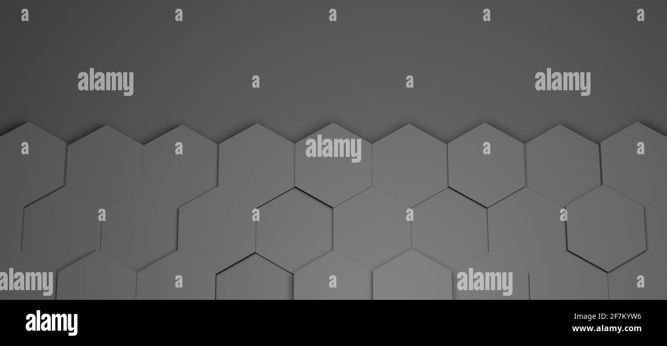 Sechsecke oder Wabenfliesen, sechseckige Tapete mit einfarbiger schwarzer Farbe, geometrische Illustration oder abstrakter Hintergrund mit Kopierraum Stockfoto