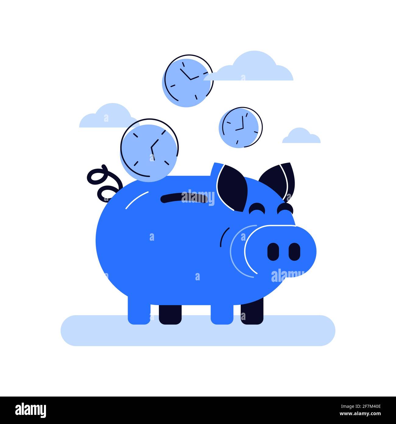 Lustige blaue Sparschwein und fallen in Uhr Gesichter Münzen Stock Vektor