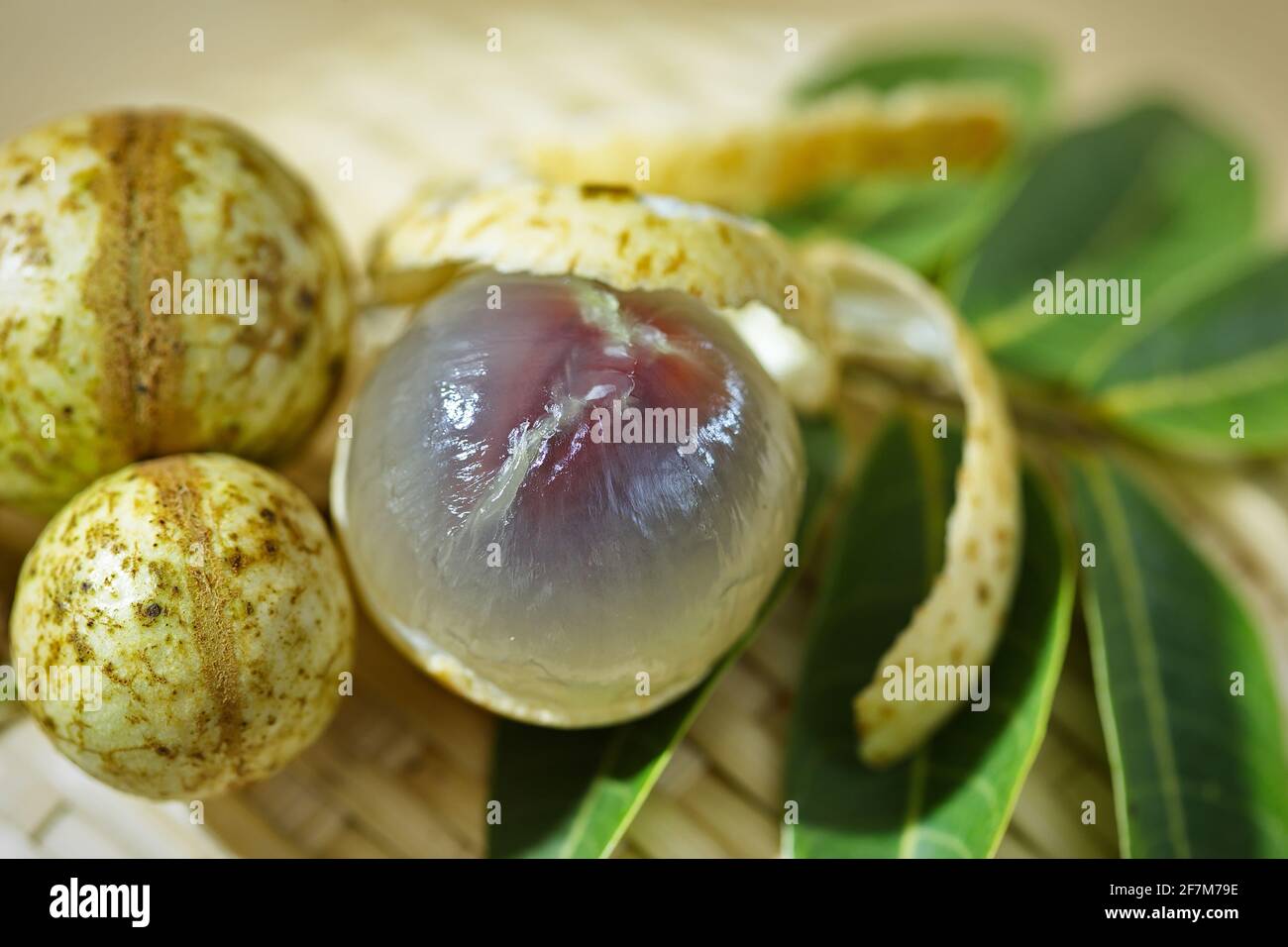 Geschälte Longan-Früchte (Dimocarpus longan) Nahaufnahme Stockfoto