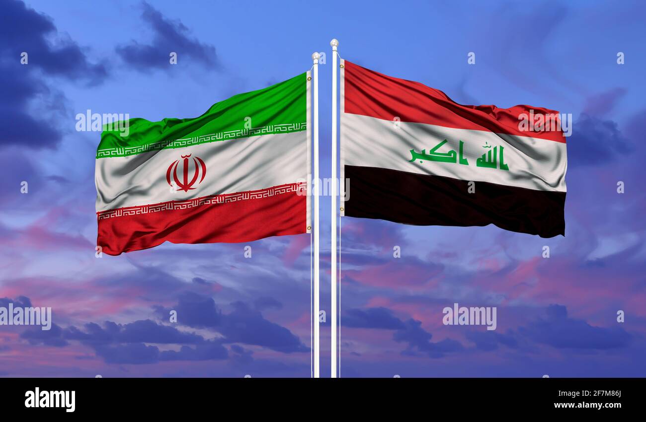 Nationale Fahnen von Iran und Irak winken im Wind Stockfoto