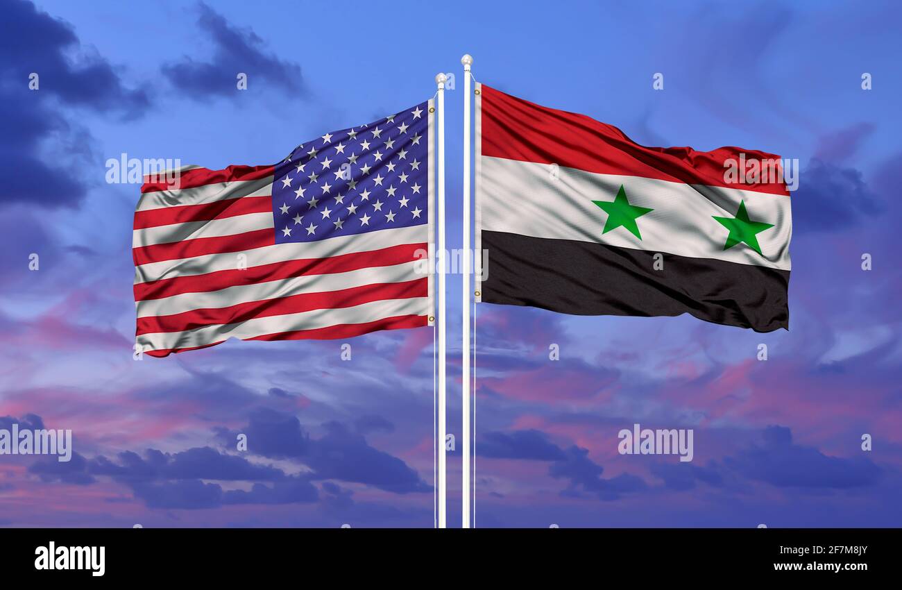 Schöne Nationalstaaten Flaggen von Syrien und USA zusammen am Himmel Hintergrund. 3D-Artwork-Konzept. Stockfoto
