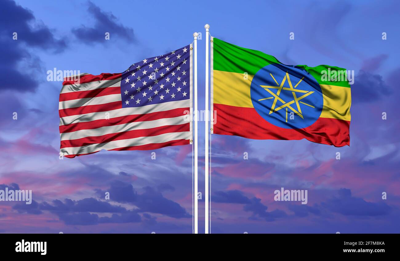 Flaggen der Vereinigten Staaten und Äthiopiens am blauen Himmel. Hochwertiger Geschäftshintergrund. 3d-Illustration Stockfoto