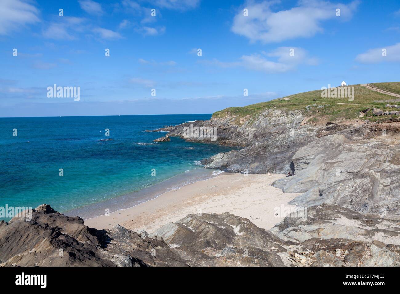 Sonniger Tag mit Blick auf Little Fistral Beach Newquay Cornwall England Stockfoto
