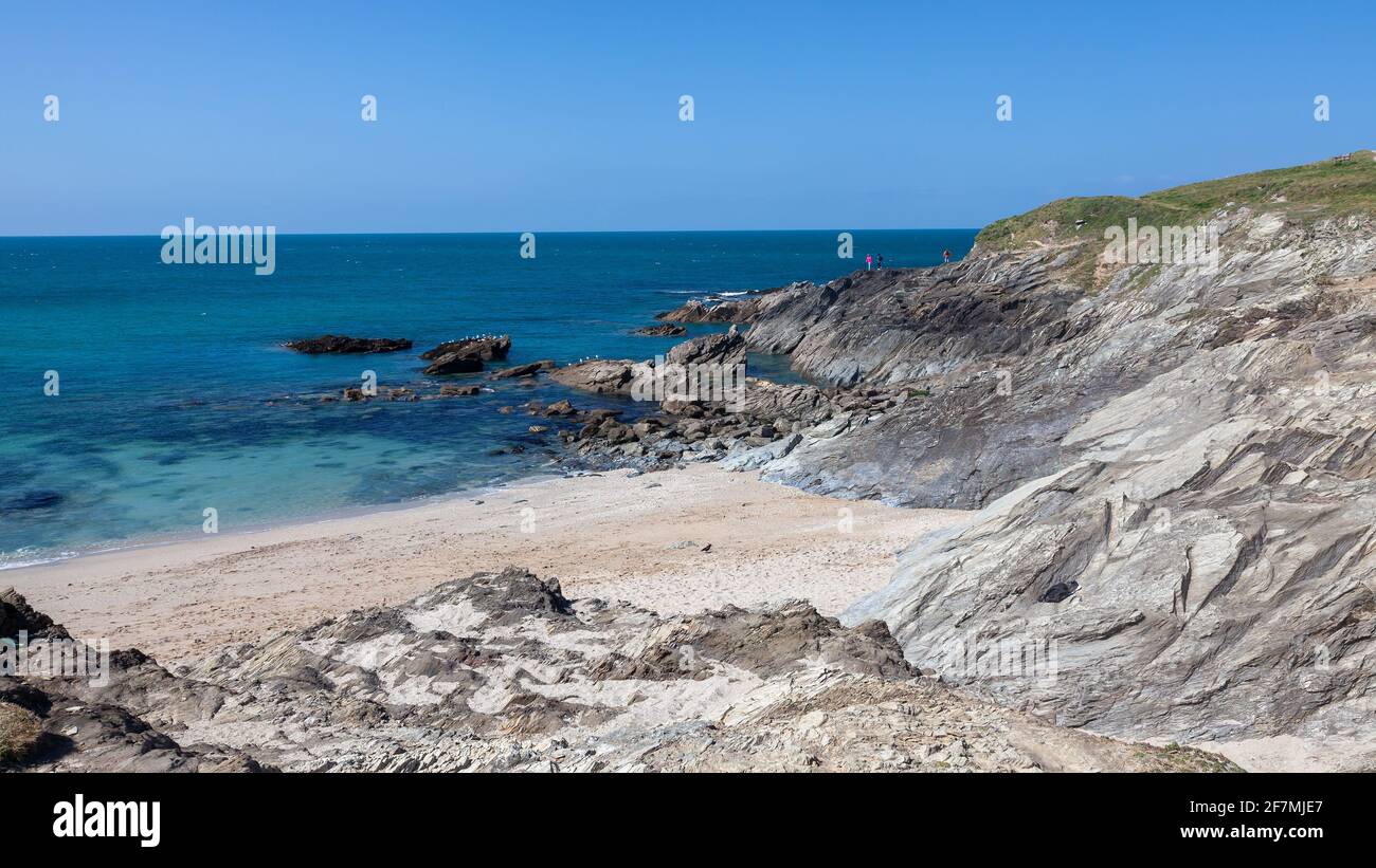 Sonniger Tag mit Blick auf Little Fistral Beach Newquay Cornwall England Stockfoto