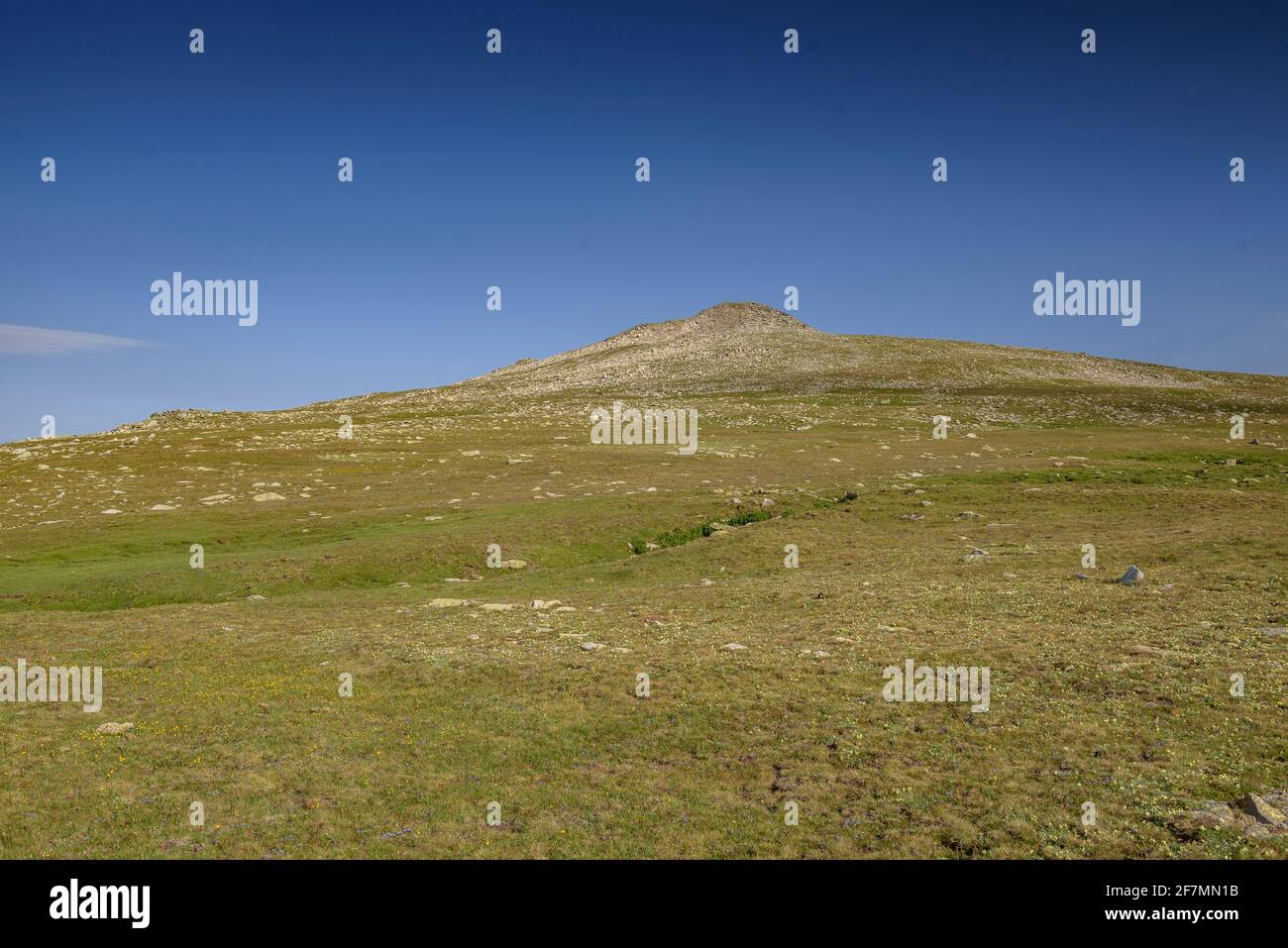 Route zum Aufstieg auf den Puigpedrós-Gipfel von der Malniu-Hütte im Sommer (Cerdanya, Katalonien, Spanien, Pyrenäen) Stockfoto