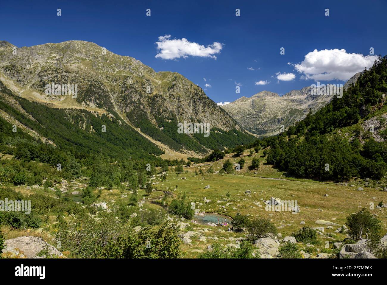 Molières-Tal bis zur Südmündung des Vielha-Tunnels (Val d'Aran, Katalonien, Spanien, Pyrenäen) ESP: Valle de Molières hacia el Túnel de Vielha Stockfoto