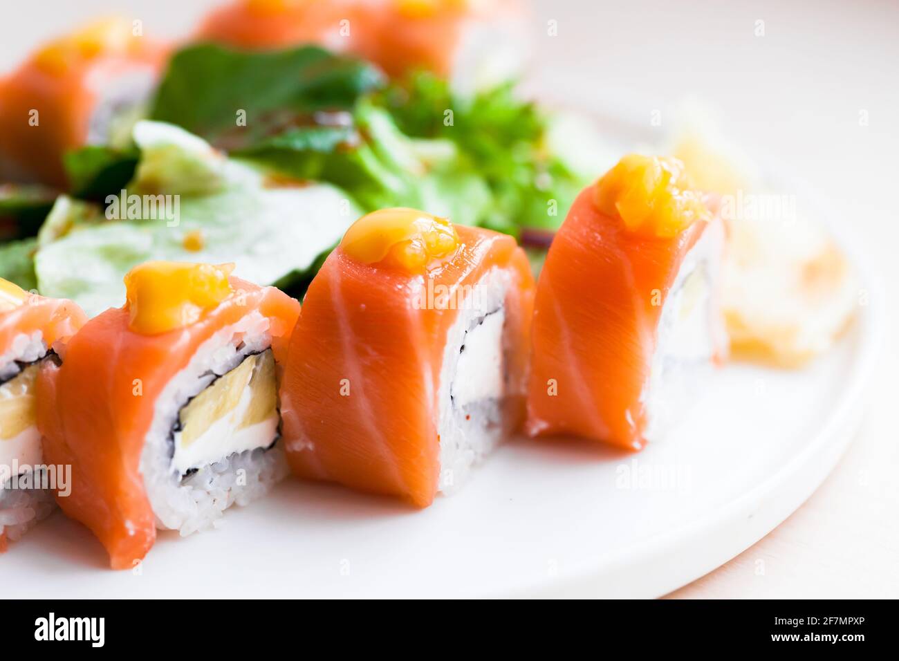 Sushi-Rollen mit Lachs, Avocado und Reis lagen auf weißem Teller, Nahaufnahme Studiofoto mit selektivem Weichfokus Stockfoto