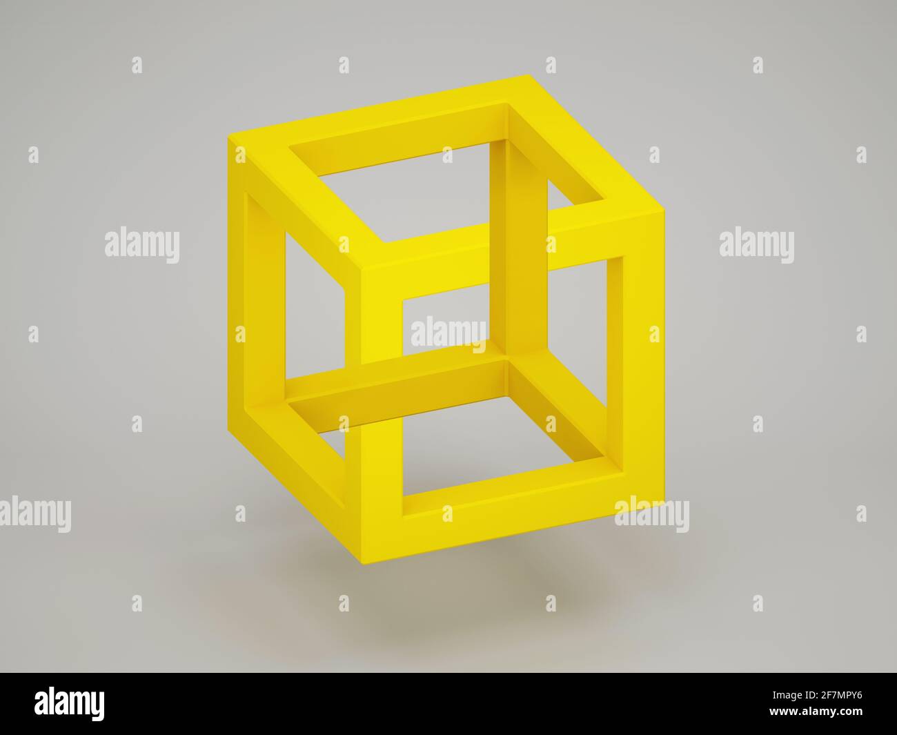Beliebte optische Täuschung mit paradoxem gelben Würfel auf hellgrauem Hintergrund. 3D-Rendering-Illustration Stockfoto
