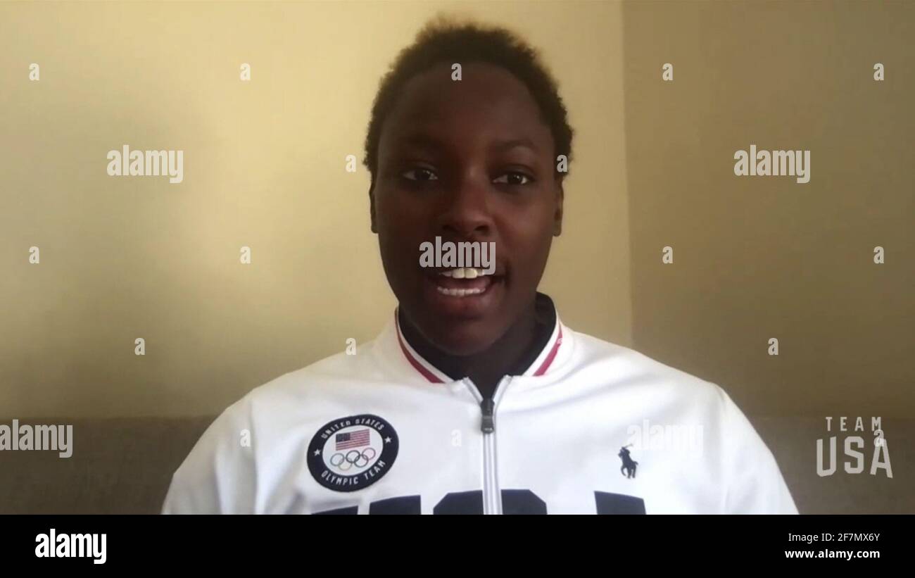 USA. April 2021. Ashleigh Johnson, Wasserpolo, einmalige Olympiasiegerin; Goldmedaillengewinnerin der Olympischen Spiele an der Princeton University in einem Screenshot zu sehen, als das Olympische und Paralympische Komitee der Vereinigten Staaten vom 7-9. April ab 8-5 Uhr MT täglich den Tokyo 2020 Team USA Media Summit ausführte. Die Veranstaltung soll mehr als 100 Olympioniken, Paralympier und Hoffnungsträger präsentieren, die im Sommer die nationalen Regierungsstellen vertreten, die im Rahmen einer Reihe von Pressekonferenzen an der Tokyo 2020 teilnehmen. (Foto vom Tokyo 2020 Team USA via Credit: SIPA USA/Alamy Live News Stockfoto