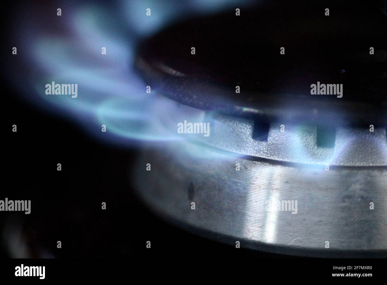Die blauen Flammen eines Gaskochbrenners sind eingeschaltet Stockfoto
