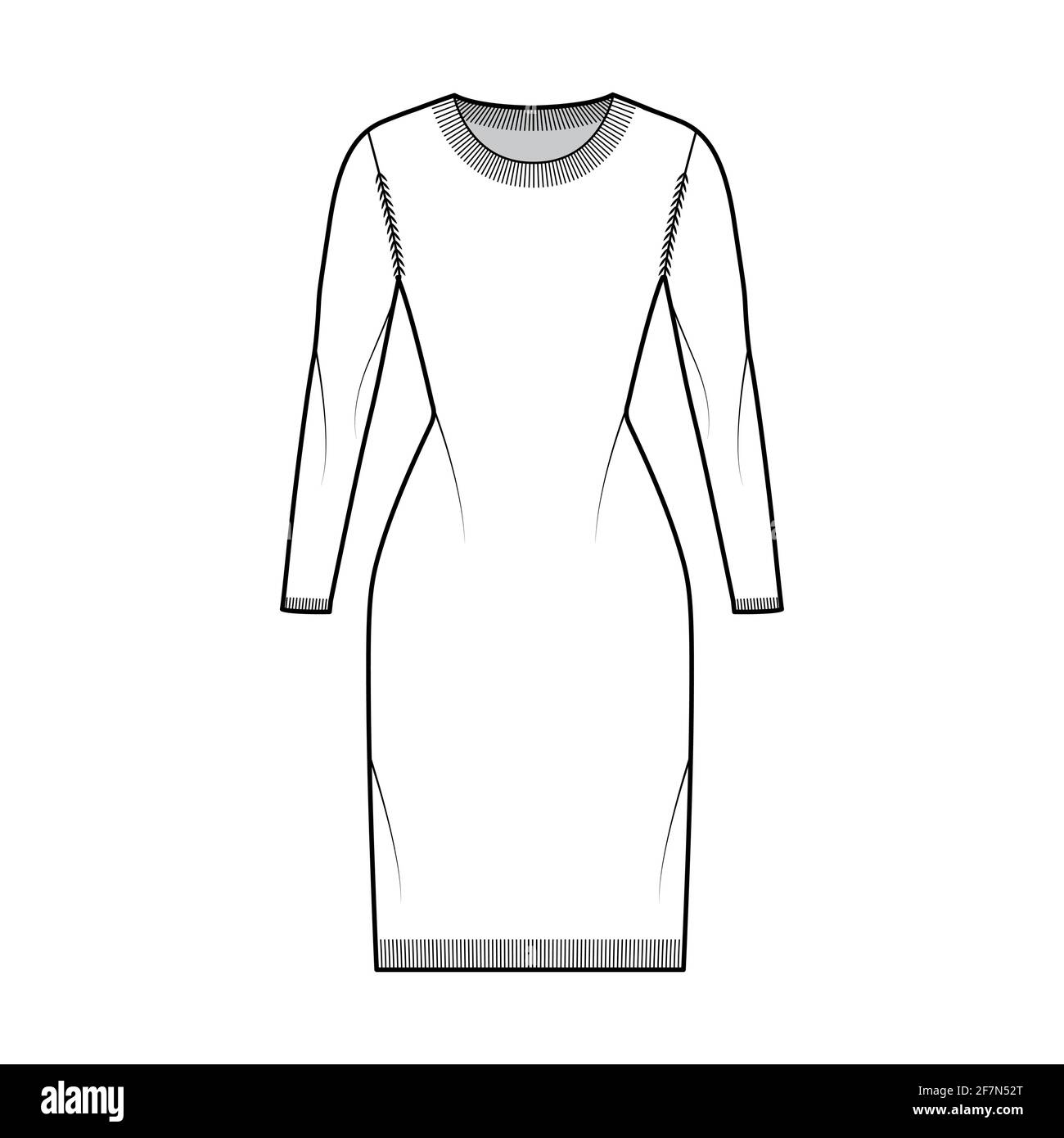 Kleid Rundhalsausschnitt Pullover technische Mode Illustration mit langen Ärmeln, körperpassgenaue Körper, knielang, Rippenstrick trimmen. Flatpullover-Bekleidung vorne, in weißer Farbgebung. Frauen Männer Unisex CAD Mockup Stock Vektor