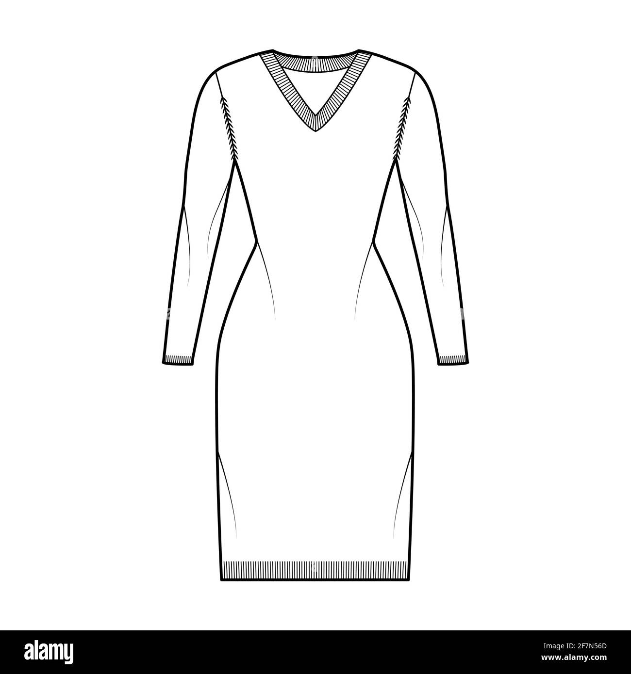 Kleid mit V-Ausschnitt Pullover technische Mode-Illustration mit langen Ärmeln, Slim Fit, knielang, Rippenstrick. Flatpullover-Bekleidung vorne, in weißer Farbgebung. Frauen, Männer Unisex-CAD-Modell Stock Vektor