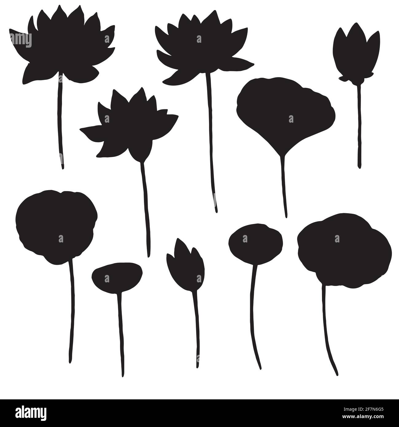 Set aus Silhouetten aus Lotusblumen, Blättern und Knospen. Schwarz-Weiß-Abbildung. Stock Vektor