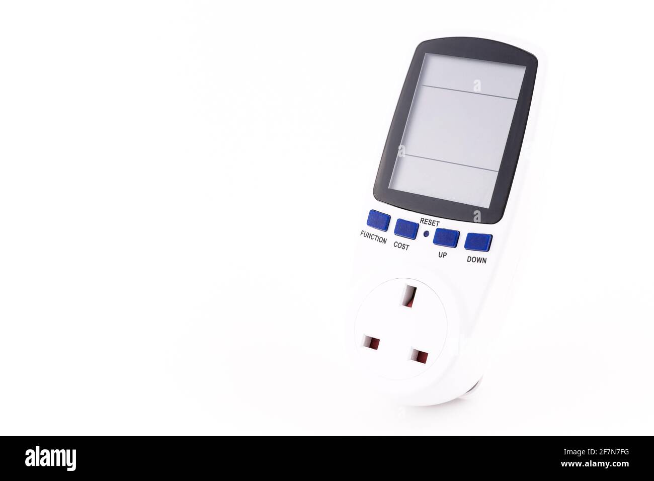 UK Digital Power Meter Stecker isoliert auf weißem Hintergrund Stockfoto