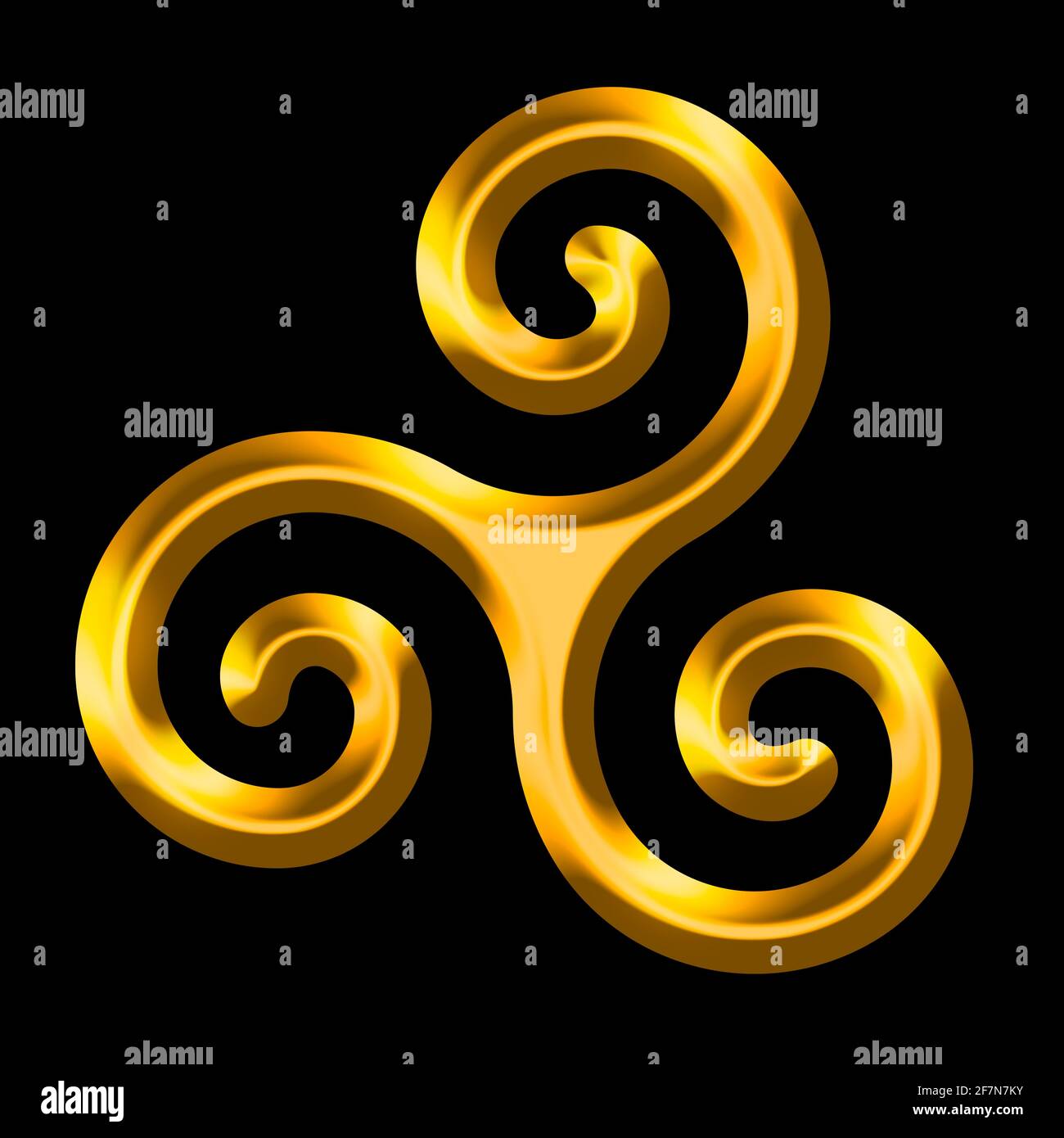 Goldene Triskele auf schwarzem Hintergrund. Triskelion, altes Symbol und Motiv, bestehend aus einer dreifachen Spirale, die Rotationssymmetrie aufweist. Stockfoto