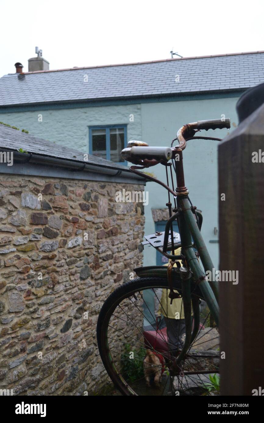 Ein altes grünes, rostig Fahrrad wurde im Hinterhof eines traditionellen altmodischen Häuschens im Regen aufgestottet Stockfoto