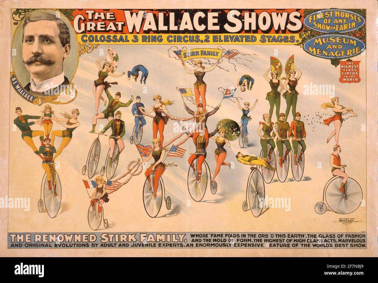 Ein klassisches Zirkusposter für die Great Wallace Shows mit Die berühmte Familie Stirk Stockfoto