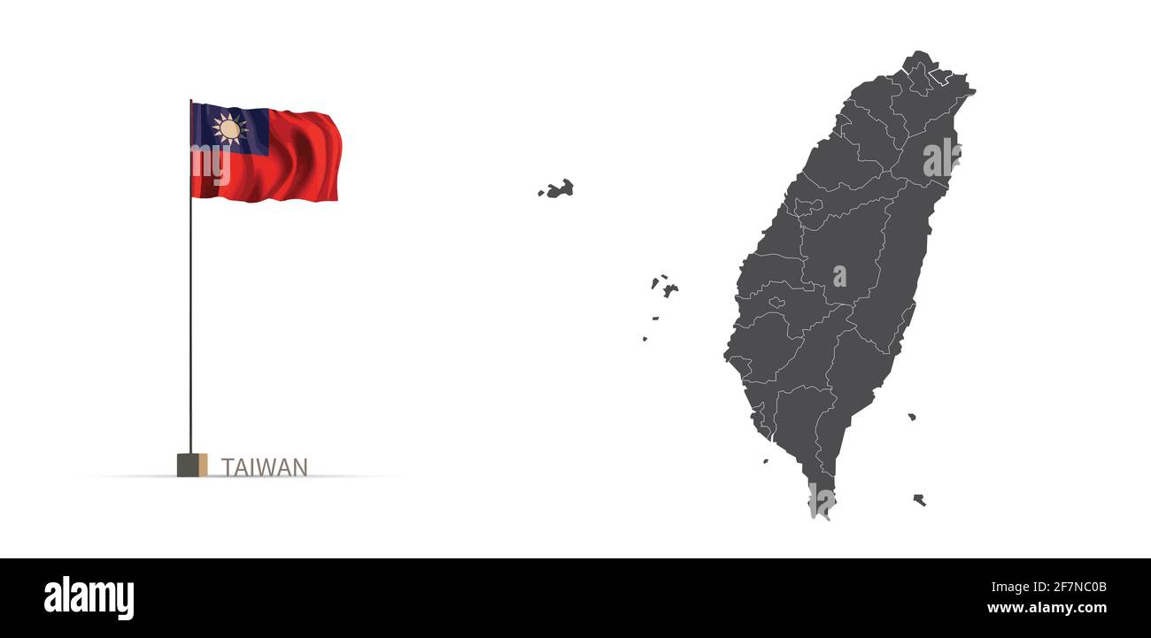 Taiwan-Karte. Graue Landkarte und Flagge 3d Illustration Vektor. Stock Vektor