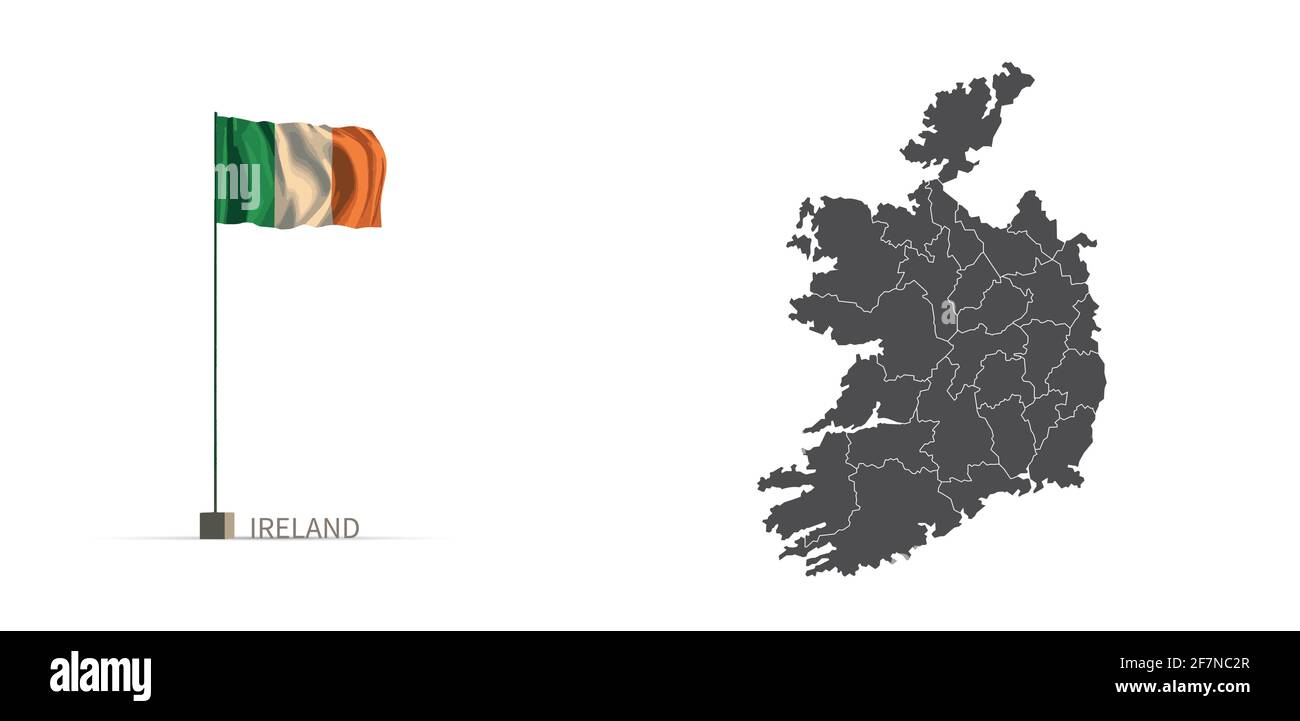 Irland Karte. Graue Landkarte und Flagge 3d Illustration Vektor. Stock Vektor