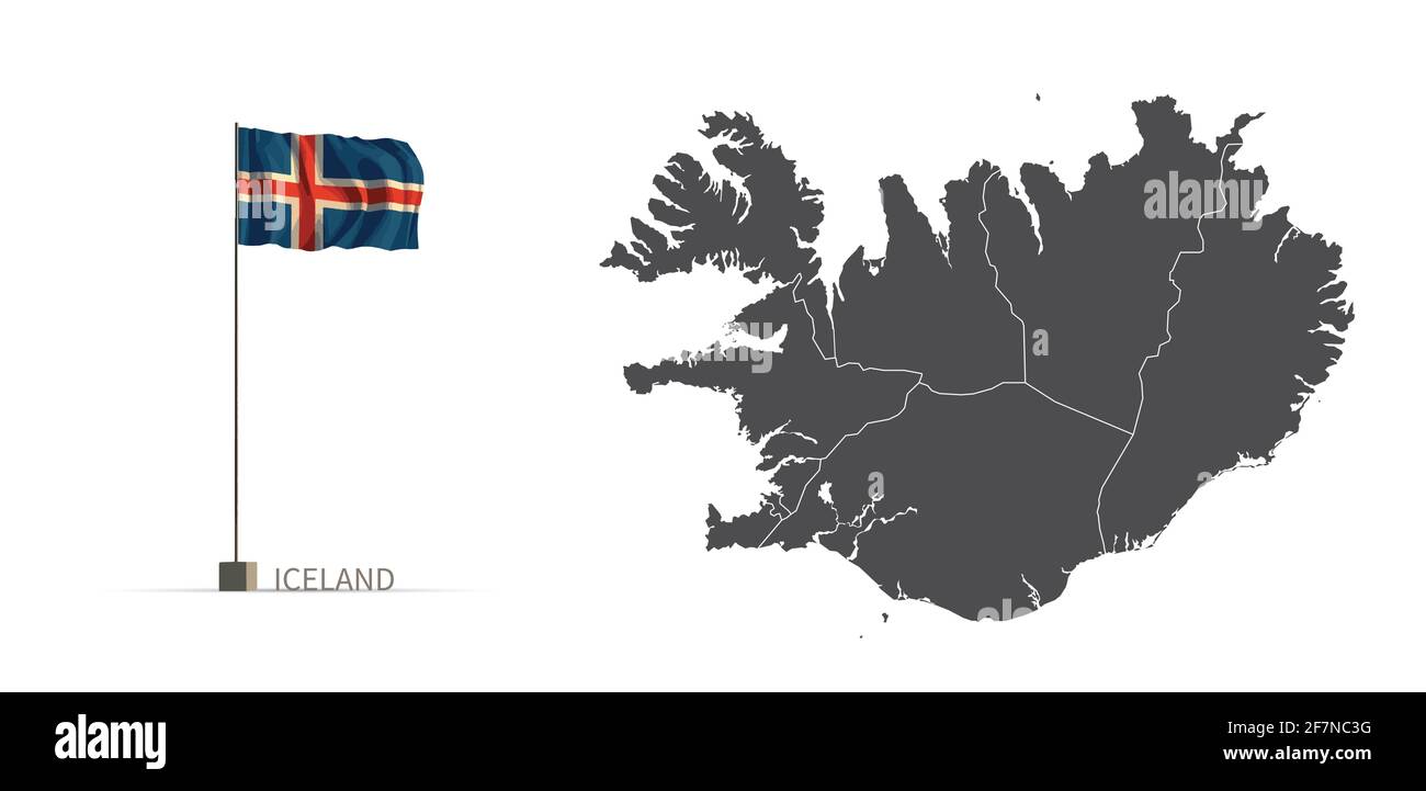 Island Karte. Graue Landkarte und Flagge 3d Illustration Vektor. Stock Vektor